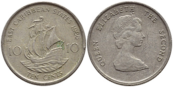 Восточно-Карибские штаты 10 центов 1986 Елизавета II (1952-2022), парусник KM 13 медно-никель 4396-613