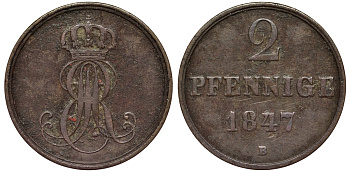 Ганновер 2 пфеннига 1847 B, Эрнст Август (1837-1851) KM 202.1, AKS 124, J. 75 медь 75-1845