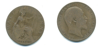 Великобритания 1/2 пенни 1905 Эдуард VII (1901-1910) KM 793.2, Spink 3991 бронза 4383-344