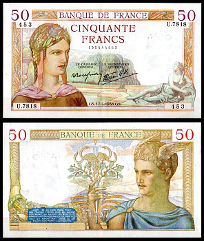 Франция 50 франков 1938 Pick 85 b бумага 7198-23-1-2