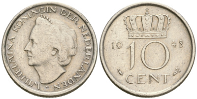 Нидерланды 10 центов 1948 Вильгельмина (1895-1948) KM 177 никель 4364-3639