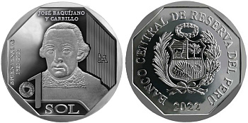 Перу 1 новый соль 2022 200 лет независимости Перу, Хосе Бакихано-и-Каррильо KM NEW медно-никель  UNC  M34-07