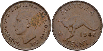АВСТРАЛИЯ 1 ПЕННИ 1948 m, ГЕОРГ VI (1936-1952), КЕНГУРУ KM 36 бронза 82-745