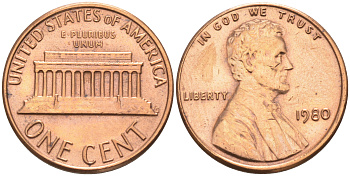 США 1 цент 1980 Авраам Линкольн KM 201 медь цинк 188-318
