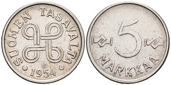 Финляндия 5 марок 1954 KM 37а никелированное железо 192-1132
