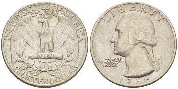 США 25 центов (квотер) 1966 Вашингтон KM 164а медь плакированная медно-никелем 217-1055