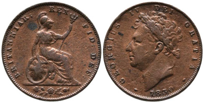 Великобритания 1 фартинг 1830 Георг IV (1820-1830) KM 697, Spink 3825 медь 1518-614