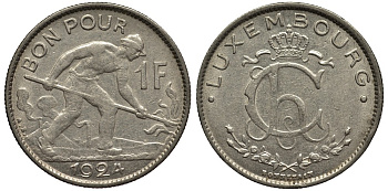 ЛЮКСЕМБУРГ 1 ФРАНК 1924 СТАЛЕВАР, ДИАМЕТР 22,8 ММ., ВЕЛИКАЯ ГЕРЦОГИНЯ ШАРЛОТТА (1919-1964) KM 35 никель 4538-852