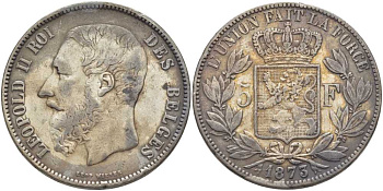 Бельгия 5 франков 1873 Леопольд II (1865-1909), позиция А KM 24 серебро 5010-1013