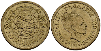 Дания 10 крон 1995 Маргрете II (1973 - 1988) KM 877 алюминиевая бронза 4176-544