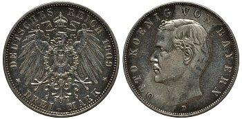 Бавария 3 марки 1909 Отто (1886-1913) Weege 45, J. 47, KM 515 серебро 3711-1924