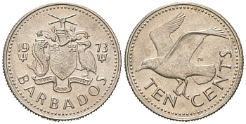 Барбадос 10 центов 1973 смеющаяся (Ацтекская) чайка KM 12 медно-никель UNC 4618-1162