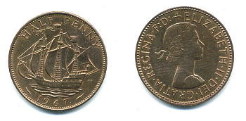 Великобритания 1/2 пенни 1967 Елизавета II (1952-2022) KM 896, Spink 4158 бронза 59-924