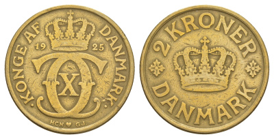 Дания 2 кроны 1925 HCN; GJ, Кристиан X (1912-1947) KM 825 алюминиевая бронза 82-1043