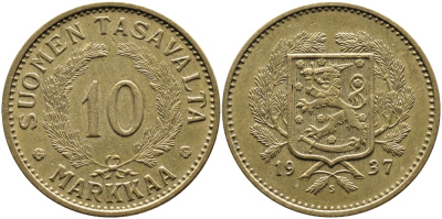 Финляндия 10 марок 1937 S KM 63 алюминиевая бронза 4388-1057