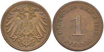 ГЕРМАНИЯ 1 ПФЕННИГ 1912 G KM 10, J. 10, Weege 2 медь 206-412