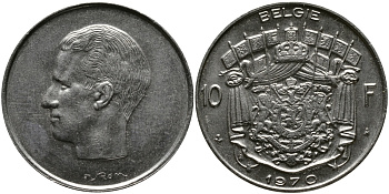 БЕЛЬГИЯ 10 ФРАНКОВ 1970 BELGIE, БОДУЭН I (1951-1993) KM 156.1 никель 3333-1036