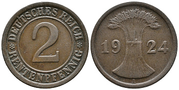 ГЕРМАНИЯ 2 РЕНТЕНПФЕННИГА 1924 A KM 31, J. 307 бронза 24-642