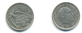 ИСПАНИЯ 5 ПЕСЕТ 1957 (74) ФРАНСИСКО ФРАНКО ДИКТАТОР ИСПАНИИ (1939-1975) KM 786 медно-никель 80-1132