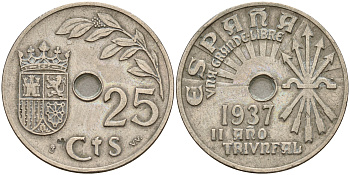 Испания 25 сентимо 1937 год тип KM 753 медно-никель   4601-952