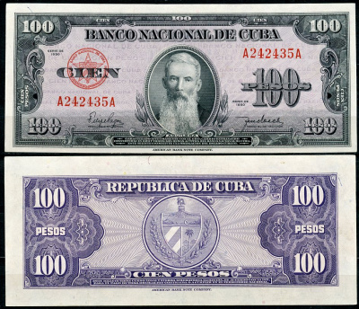 Куба 100 песо 1954 Франсиско Висенте Агилера Pick 82 b  бумага  UNC (пресс) 451-1189-1