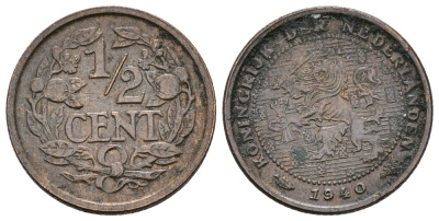 НИДЕРЛАНДЫ 1/2 ЦЕНТА 1940 ВИЛЬГЕЛЬМИНА (1890-1948) KM 138 бронза 61-647