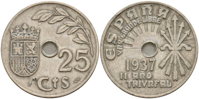 Испания 25 сентимо 1937 год тип KM 753 медно-никель   4601-952