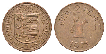 Гернси 2 новых пенса 1971 Елизавета II (1952-2022), ветряная мельница KM 22 бронза 4703-1145