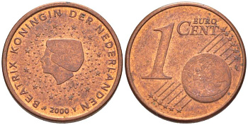 НИДЕРЛАНДЫ 1 ЕВРОЦЕНТ 2000 БЕАТРИКС KM 234 сталь плакированная медью 218-1251