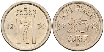 Норвегия 25 эре 1956 Хокон VII (1905-1957) KM 401 медно-никель UNC 4580-1025