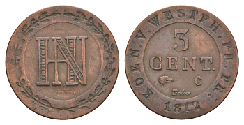 Вестфалия 3 сантима 1812 C, Жером Бонапарт (1807-1813) KM 92, ASK 41 медь 633-1223
