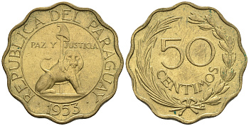 Парагвай 50 сентимо 1953 лев, фригийский колпак на шесте KM 28 алюминиевая бронза  aUNC  4176-1121