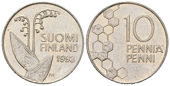 Финляндия 10 пенни 1993 KM 65 медно-никель UNC 4618-516