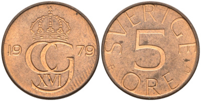 Швеция 5 эре 1979 Карл XVI Густав (1973- ) KM 849 бронза UNC 4585-331