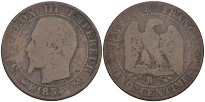 ФРАНЦИЯ 5 САНТИМОВ 1854 B, НАПОЛЕОН III (1852-1870) KM 777.2, LE FRANC 116.9 бронза 28-712