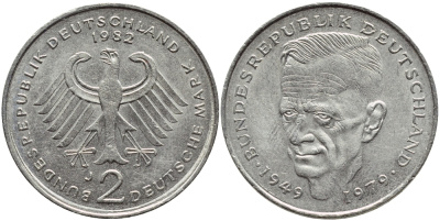 ФРГ 2 МАРКИ 1982 J, КУРТ ШУМАХЕР KM 149, J. 424 медно-никель плакированный никелем 80-211