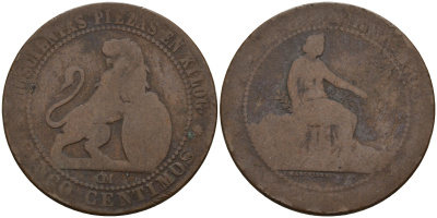 Испания 5 сентимо 1870 ОМ, лев со щитом KM 662 (Y53) медь  4153-146