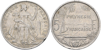 Французская Полинезия 5 франков 1994 KM 12 алюминий 4131-935