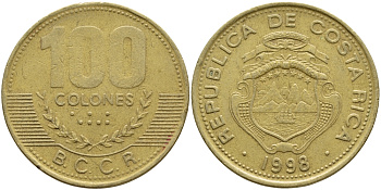 Коста-Рика 100 колон 1998 B.C.C.R. KM 230а латунь 71-1122