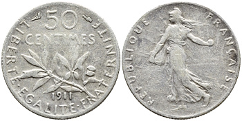ФРАНЦИЯ 50 САНТИМОВ 1911 ТИП СЕЯТЕЛЬ KM 854, LE FRANC 190.18 серебро F 4178-317
