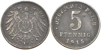ГЕРМАНИЯ 5 ПФЕННИГОВ 1915 A KM 19, J. 297, Weege 5 железо 206-668
