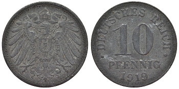 Германия 10 пфеннигов 1919 KM 26, J. 299, Weege 8 цинк 4119-312