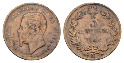 Италия 5 чентезимо 1862 N, Виктор Эммануил II (1861-1878) KM 3.3 медь 3996-843