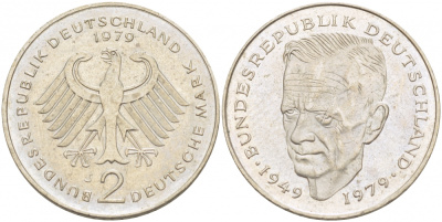 ФРГ 2 марки 1979 J, Курт Шумахер KM 149, J. 424 медно-никель плакированный никелем 3996-923