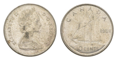 Канада 10 центов 1968 Елизавета II (1952-2022), парусник KM 72 серебро 4623-959