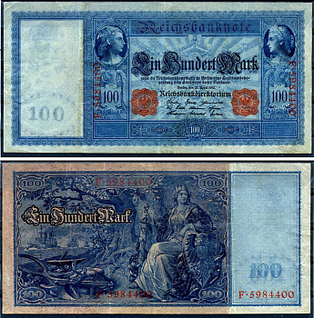 Германия 100 марок 1910 21 апреля 1910, красная печать, Меркурий и Церера, голубая бумага Pick 42 (2) бумага 2194-33-2-2