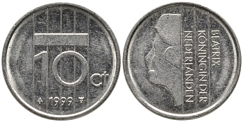 НИДЕРЛАНДЫ 10 ЦЕНТОВ 1999 БЕАТРИКС KM 203 никель 96-1257