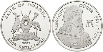 Уганда 1000 шиллингов 2001 Альбрехт Дюрер (1471-1528) KM 203 серебро PROOF 1078-5-53