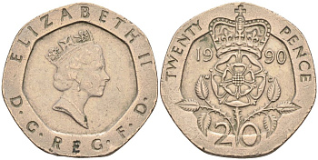 Великобритания 20 пенсов 1990 Елизавета II (1952-2022) KM 939, Spink 4361 (G2) медно-никель 4116-822