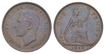 Великобритания 1 пенни 1945 Георг VI (1936-1952) KM 845, Spink 4114 бронза 4185-442